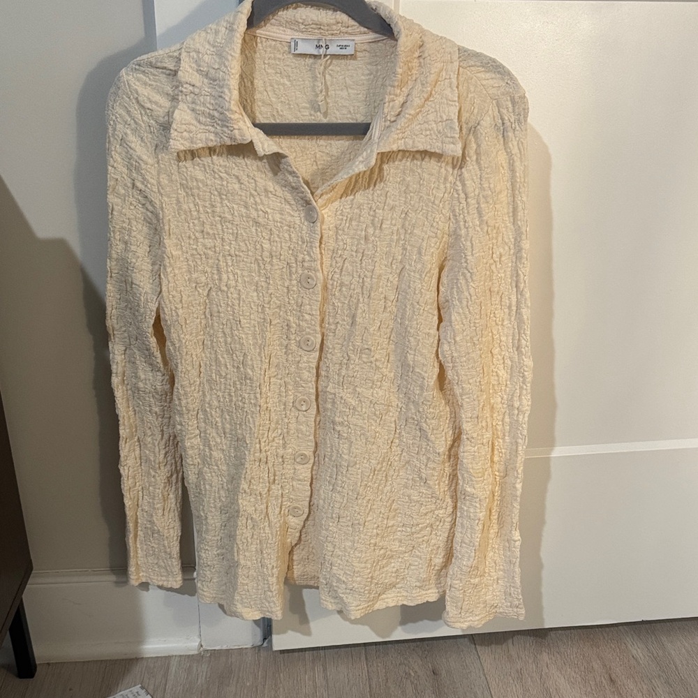 Mango Beige Crinkle Button-Up Blouse
